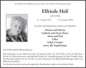 Traueranzeige von Elfriede Heß 