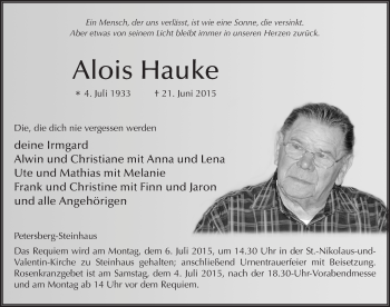 Traueranzeige von Alois Hauke 