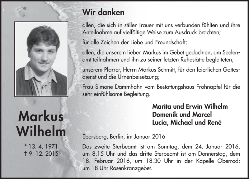  Traueranzeige für Markus Wilhelm vom 21.01.2016 aus 