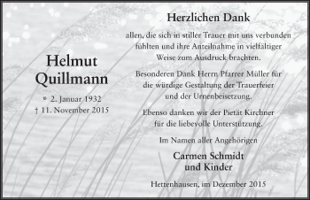 Traueranzeige von Helmut Quillmann 