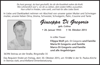 Traueranzeige von Giuseppa Di Gregorio 