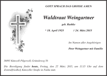 Traueranzeige von Waldtraut Weingartner geb Rathke 