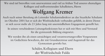 Traueranzeige von Wolfgang Kremer 