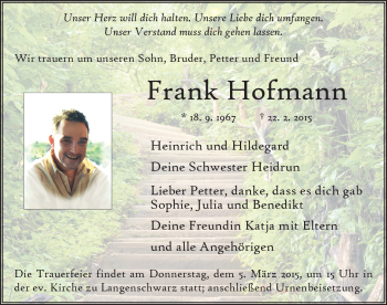 Traueranzeige von Frank Hofmann 