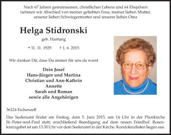 Traueranzeige von Helga Stidronski 