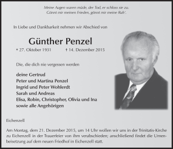 Traueranzeige von Günther Penzel 