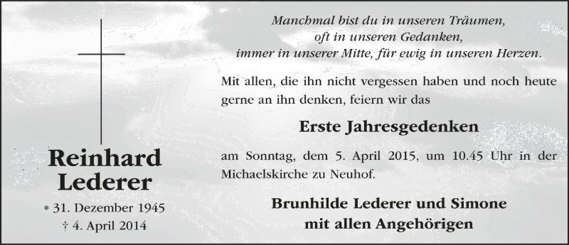  Traueranzeige für Reinhard Lederer vom 11.04.2015 aus 