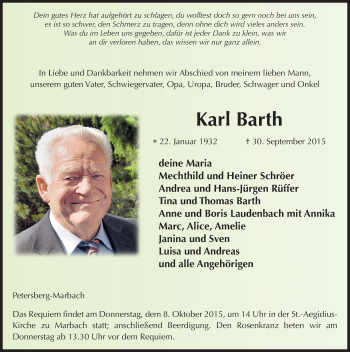 Traueranzeige von Karl Barth 