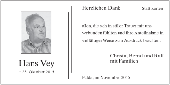 Traueranzeige von Hans Vey 