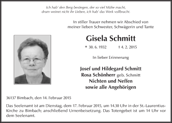 Traueranzeige von Gisela Schmitt 