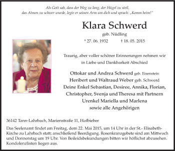 Traueranzeige von Klara Schwerd 
