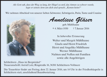 Traueranzeige von Anneliese Gläser 