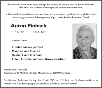 Traueranzeige von Anton Pinhack 
