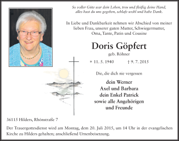 Traueranzeige von Doris Göpfert 