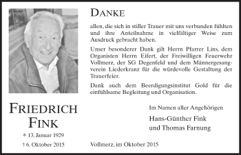 Traueranzeige von Friedrich Fink 