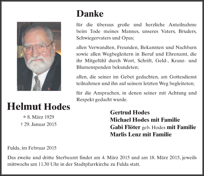  Traueranzeige für Helmut Hodes vom 28.02.2015 aus 