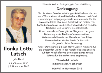 Traueranzeige von Ilonka Lotte Latsch 