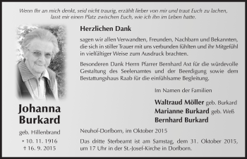 Traueranzeige von Johanna Burkard 