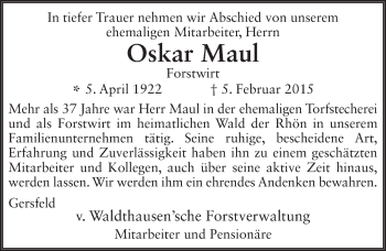 Traueranzeige von Oskar Maul 