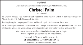 Traueranzeige von Christel Palm 