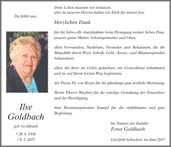 Traueranzeige von Ilse Goldbach 