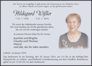 Traueranzeige von Hildegard Wißler 