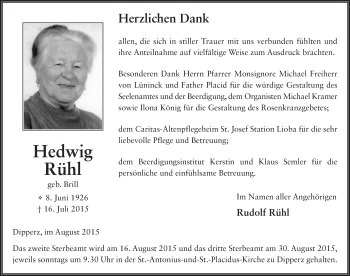 Traueranzeige von Hedwig Rühl 