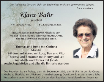 Traueranzeige von Klara Bahr 