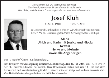 Traueranzeige von Josef Klüh 