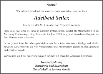 Traueranzeige von Adelheid Seiler 
