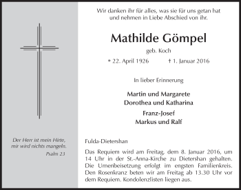 Traueranzeige von Mathilde Gömpel 
