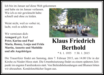Traueranzeige von Klaus Friedrich Berthold 