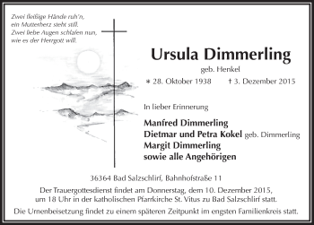 Traueranzeige von Ursula Dimmerling 