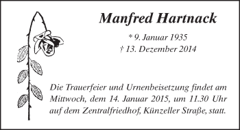 Traueranzeige von Manfred Hartnack 