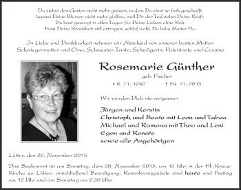 Traueranzeige von Rosemarie Günther 