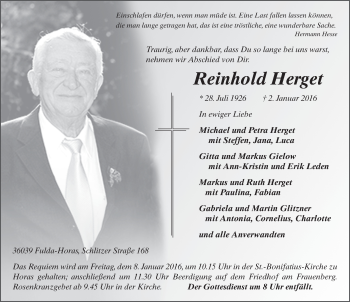 Traueranzeige von Reinhold Herget 
