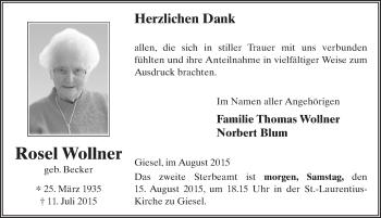 Traueranzeige von Rosel Wollner 