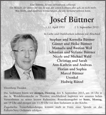 Traueranzeige von Josef Büttner 