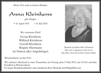 Traueranzeige von Anna Kleinhens 