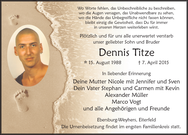  Traueranzeige für Dennis Titze vom 18.04.2015 aus 