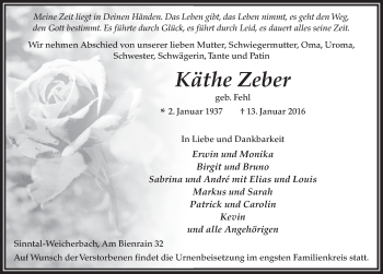 Traueranzeige von Käthe Zeber 