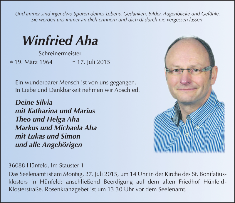  Traueranzeige für Winfried Aha vom 25.07.2015 aus 