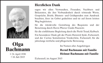 Traueranzeige von Olga Bachmann 