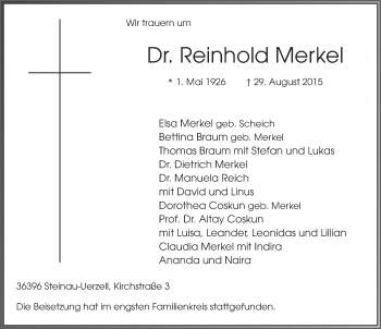 Traueranzeige von Reinhold Merkel 