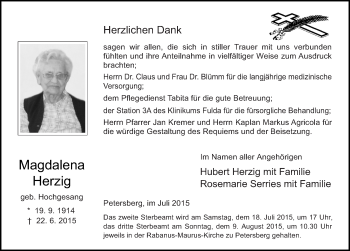 Traueranzeige von Magdalena Herzig 