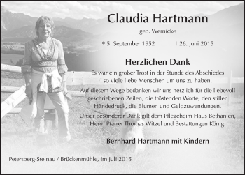 Traueranzeige von Claudia Hartmann 