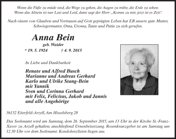Traueranzeige von Anna Bein 