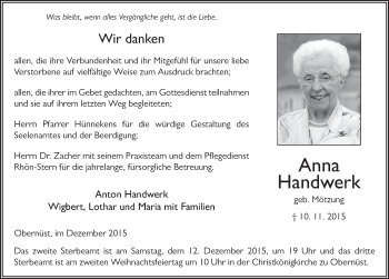 Traueranzeige von Anna Handwerk 