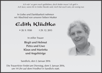 Traueranzeige von Edith Klüdtke 