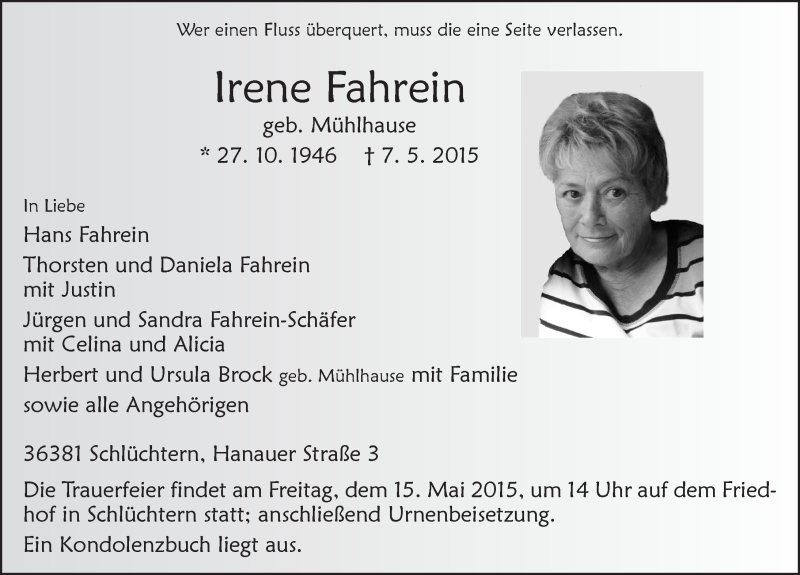  Traueranzeige für Irene Fahrein vom 12.05.2015 aus 